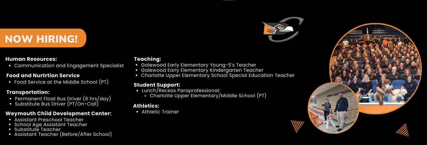 Charlotte Public Schools is hiring! We're looking for passionate educators and support staff to join our team, with openings in middle school math, social studies, 5th grade, student support roles, special education, athletics, childcare, and transportation. Whether you’re a teacher, coach, caregiver, or driver—there’s a place for you to grow and make a difference the Oriole way. Apply now at charlotteorioles.com!